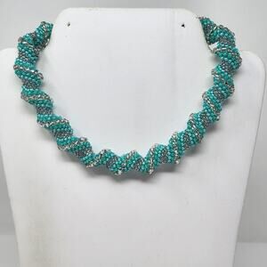 Turquoise Silver Seed Bead Rope Swirl Necklace Toggle Clasp Statement Jewelry